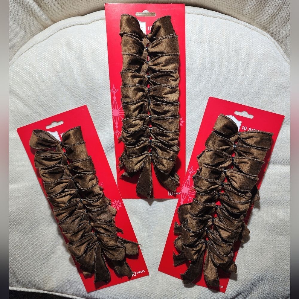 Lot of 3 Holiday Time Velvet Decorative Christmas Brown Bows